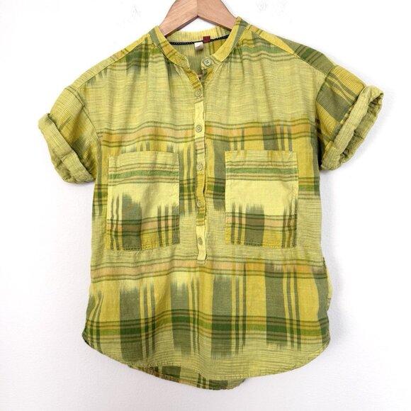 Anthropologie Pilcro Hannah Surf Plaid Popover Size XS‎ Chartreuse Casual Summer - Picture 3 of 10